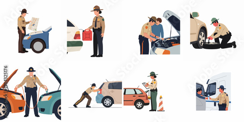 Set of illustrations depicting highway patrol officers providing roadside assistance and support to stranded motorists in various emergency and helpful situations.
