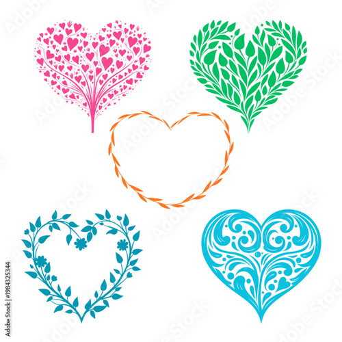 A collection of five unique heart designs featuring botanical leaves, intricate scrolls, floral wreaths, and patterned fillers. 