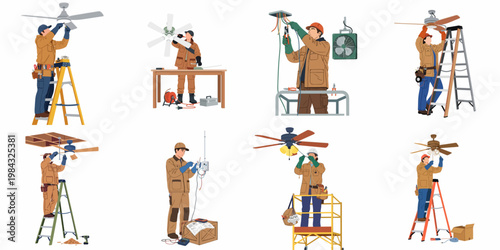 Professional Electricians and Technicians Installing and Repairing Ceiling Fans and Electrical Systems, a Collection of Maintenance Service Worker Illustrations on White Background