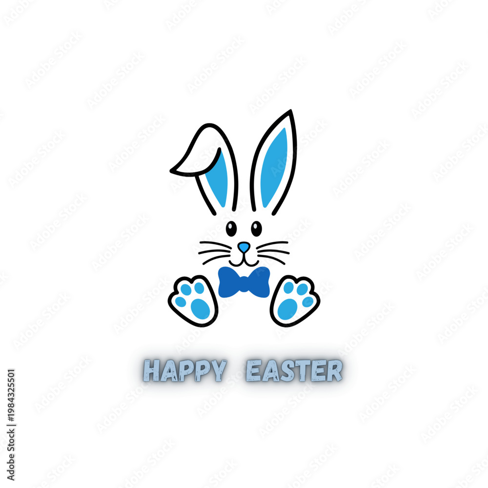 Fototapeta premium Adorable vector illustration of a white Easter bunny with blue accents, wearing a blue bow tie and featuring