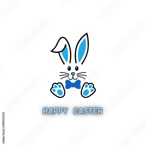 Adorable vector illustration of a white Easter bunny with blue accents, wearing a blue bow tie and featuring 
