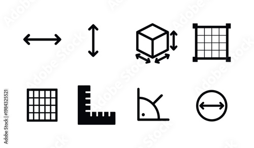 Dimension and sizing: width arrows, height arrows, depth cube, resize frame, grid measurement, dimension lines, angle indicator, precision mark.