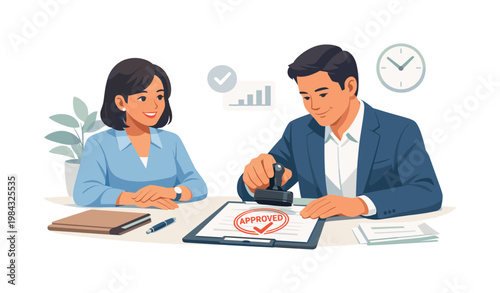 Business authorization moment where an individual grants permission and finalizes paperwork, highlighting efficiency, trust, and procedural completion in administrative