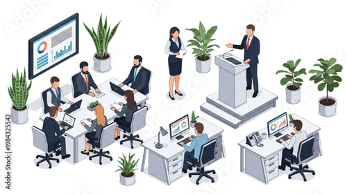 Business team works around vector 2D CAD designs in office