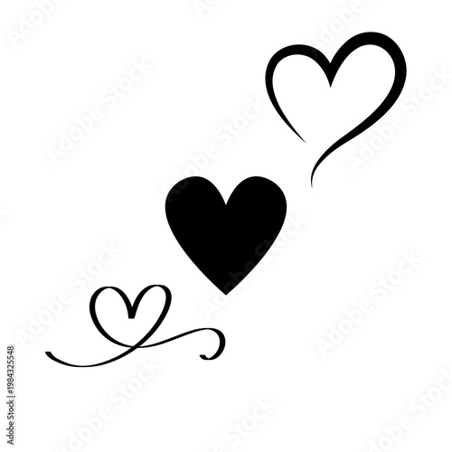Artistic heart composition featuring three hearts: a large solid black heart, a floating outline heart, and a continuous line-art heart with a decorative flourish.