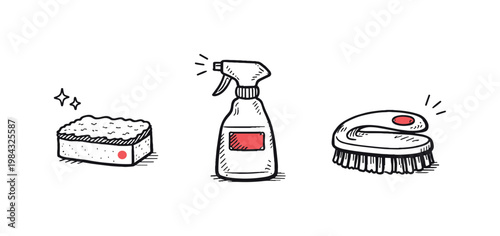 Simple home cleaning essentials theme a horizontal row of 3 related hand-drawn objects on a white background: a small sponge with a tiny pink dot detail, a simple spray