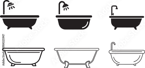 A collection of various bathtub icons shows different styles and designs.