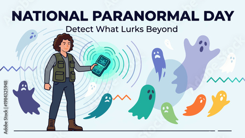 National Paranormal Day Poster with Ghost Hunter and Spirits Illustration, Supernatural Detection Banner, Mystery and Psychic Phenomena Concept Flat Vector Design