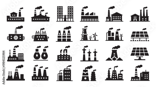Industrial factory and power plant building icon set for manufacturing, energy production, urban infrastructure, and heavy industry facility planning