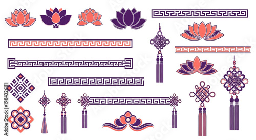 Purple and pink decorative design elements.