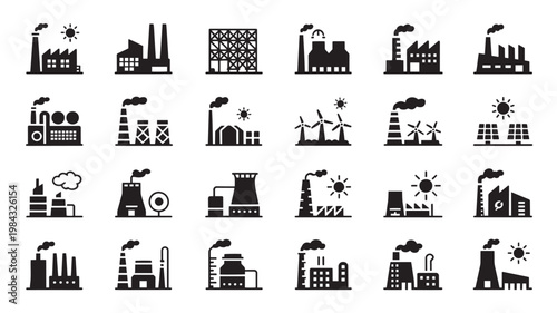 Energy and industrial facility icon set for power generation, manufacturing plant architecture, urban infrastructure design, and heavy industry planning