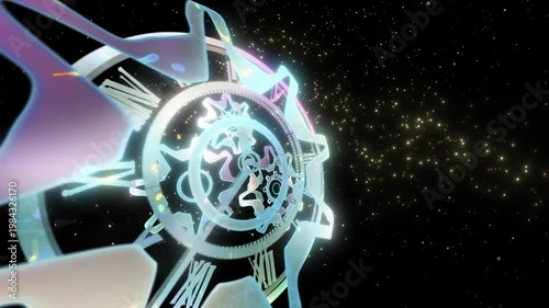 A surreal cosmic clock with rotating gears floats within a glowing galaxy, symbolizing the infinite flow of time, universal motion, and the connection between mechanics and the cosmos.
