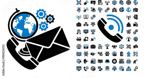 Black Telephone Handset with Communication Icons.