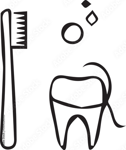 A black silhouette shows a toothbrush next to a tooth icon with dental floss and sparkles.
