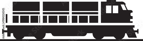 A powerful black silhouette of a freight train engine with multiple cargo containers is shown.