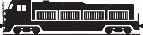 A black silhouette of a modern train engine connected to a series of cargo containers.