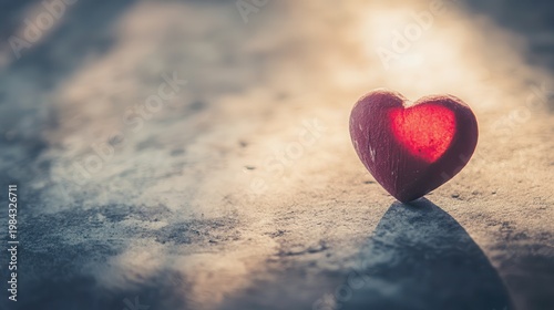 Red heart symbol on textured stone surface with warm golden sunlight