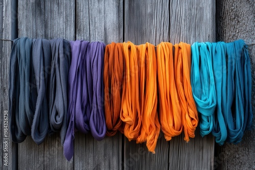 Colorful handmade fabrics hanging on a line against rustic wooden wall