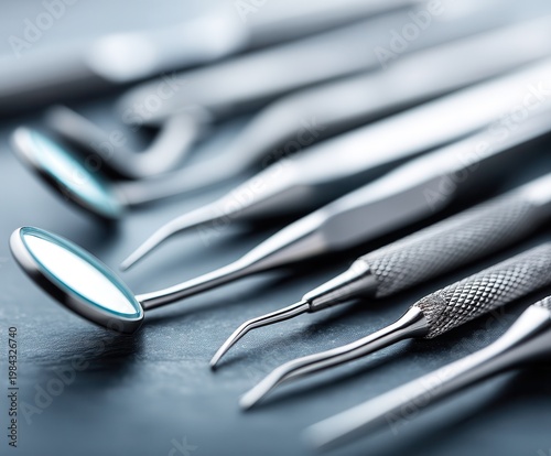 Professional dental instruments and mirrors arranged on a dark clinical tray