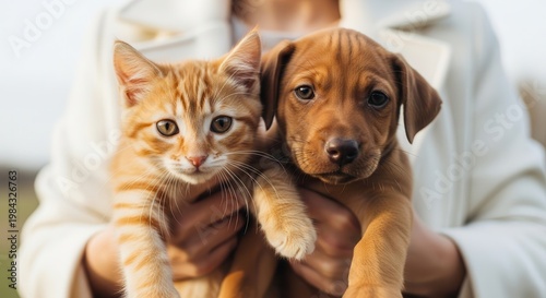 Adorable Ginger Kitten and Brown Puppy Held Together Outdoors