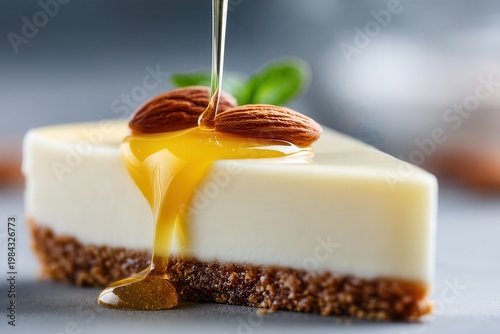 Honey pouring on gourmet cheesecake slice with almonds on dark background