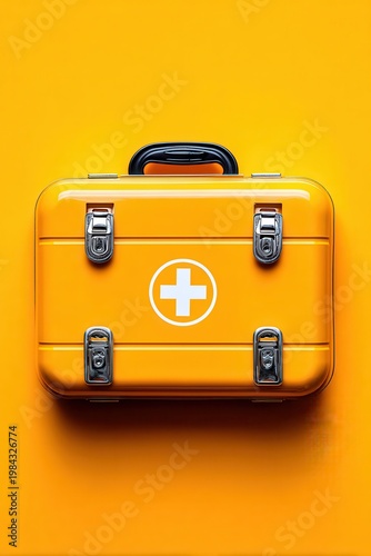 Yellow first aid kit for emergency medical preparedness on yellow background