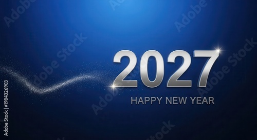 Elegant Silver 2027 Happy New Year Text on Blue Background