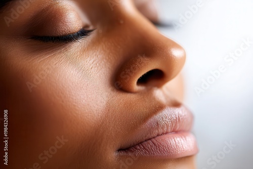 Black woman with glowing skin and closed eyes in soft studio lighting