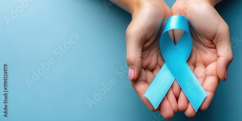 Hands holding light blue awareness ribbon for medical support