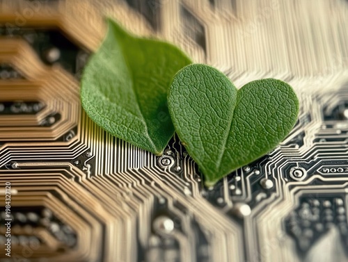 Green heart leaves on circuit board for sustainable technology concept