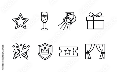 Casino entertainment: neon star, champagne glass, stage spotlight, gift box, VIP badge, party confetti, event ticket, show curtain.