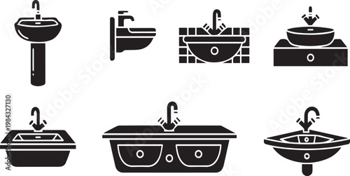 A collection of six black sink icons with varying styles presented on transparent background