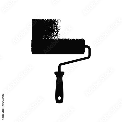 A black paint roller with a handle on a white background