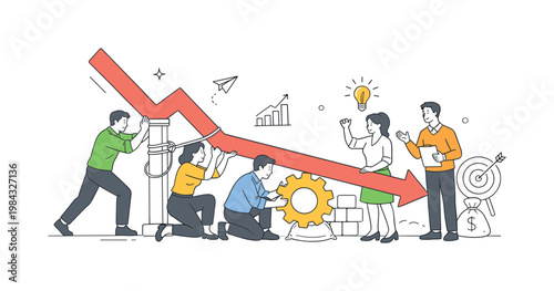 Business team addressing financial strain and planning solutions to overcome economic difficulties within an organization, visualized with a metaphor of a downward arrow
