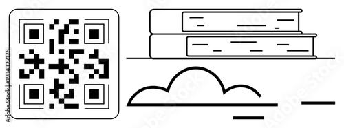 Digital storage, online education, cloud computing, e-learning, smart libraries, data access. Illustration of a QR code, stacked books and a cloud. Digital storage and online education concept