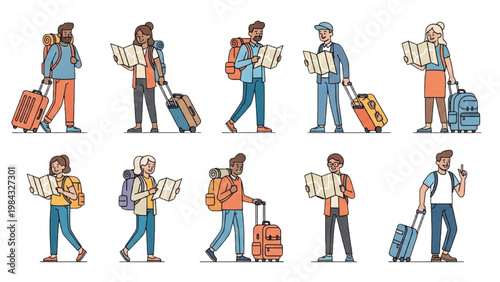 Travelers with luggage navigate through vector 2D CAD maps