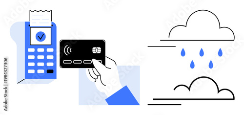 Digital payments, ecommerce, financial technology, cloud services, weather monitoring, security. A hand holding a contactless card near a card reader and cloud with raindrops. Digital payments