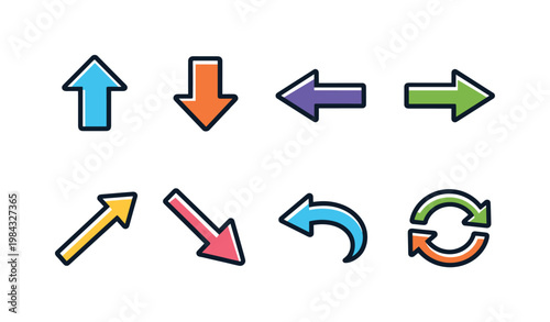 Arrow directions set: arrow up, arrow down, arrow left, arrow right, diagonal arrow up right, diagonal arrow down left, curved arrow, circular refresh arrows.