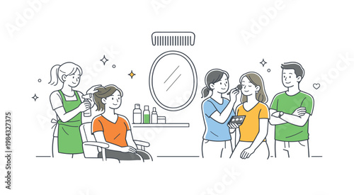 A beauty salon service scenario where clients receive professional treatments in a modern and comfortable setting, shown through a small group interacting near a simple
