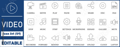 Video icon set. Containing camera, play, pause, media, online video, live, production, player, movie,volume, viewer, and cinema icons. Solid icon collection.