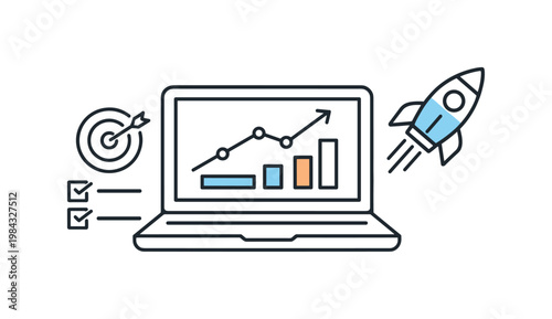 Startup pitch process highlighting strategic planning and value proposition delivery in early-stage business development, a laptop displaying a simple graph paired with a