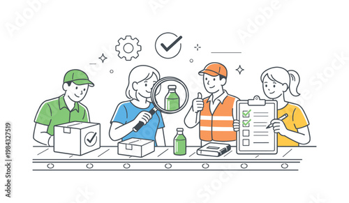A quality control process in an industrial setting where a team ensures products meet standards before distribution, represented by a simple composition of a conveyor
