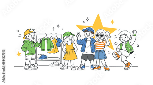 Kids fashion seasonal collection scenario showing children wearing coordinated outfits and exploring new styles together in a casual setting, using a simple clothing