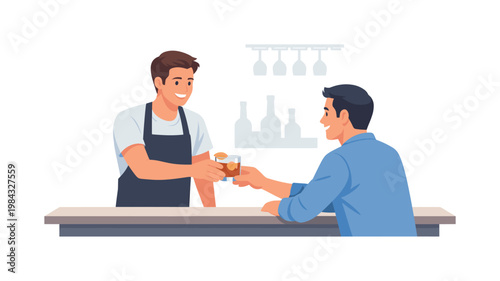 A social interaction scene where a bartender serves a drink to a customer across the counter, reflecting hospitality, communication, and customer experience in a bar