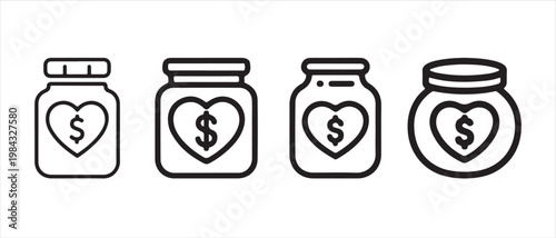 Charity and Savings Money Jar Icons. with Heart and Dollar Signs, flat design vector illustration.
