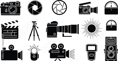 Photography and videography icons set with camera tripod lens black and white digital camera