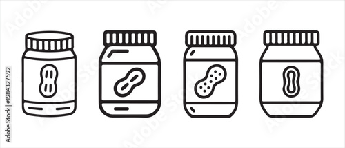 Peanut Butter Jars Flat Design Icons. Collection with Peanut Labels, Simple Outline Graphic Art on White, vector illustration.