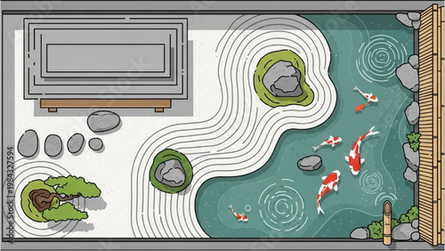 Vector 2D CAD illustration of a serene Japanese garden pond with stones, koi fish, and a bridge.