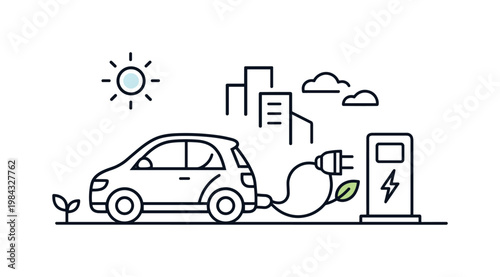 Sustainable transportation and eco-friendly mobility in modern urban environments, a compact electric vehicle connected to a simple charging plug with a small leaf