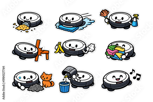 Cute robot vacuums performing various household chores.